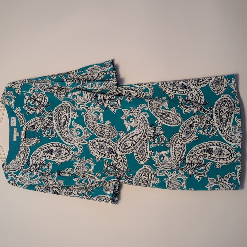 Sandra Darren Teal and Navy Paisley Long Sleeve Dress